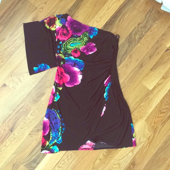 Bisou Bisou Dresses & Skirts - One shoulder Black dress with roses
